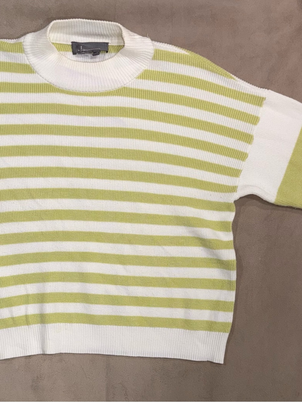 Anthropologie White and Light Green Striped Crewneck Sweater